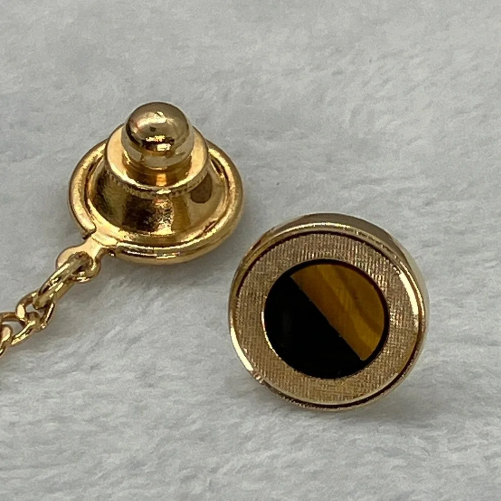 Vtg Gold Tone Tigers Eye/ Onyx Tie Tack Pin Old Money MCM‎ Estate